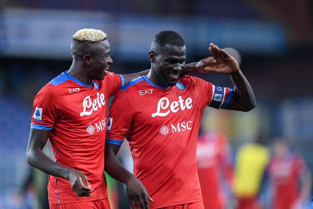 Victor Osimhen and Kalidou Koulibaly celebrate the victory at the end of the Serie A match between Sampdoria and Napoli at Stadio Luigi Ferraris, Genova