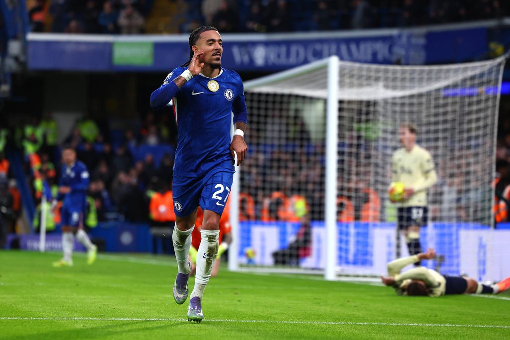 Malo Gusto celebrates after scoring to make it 2-0 during the Chelsea vs Everton Premier League match