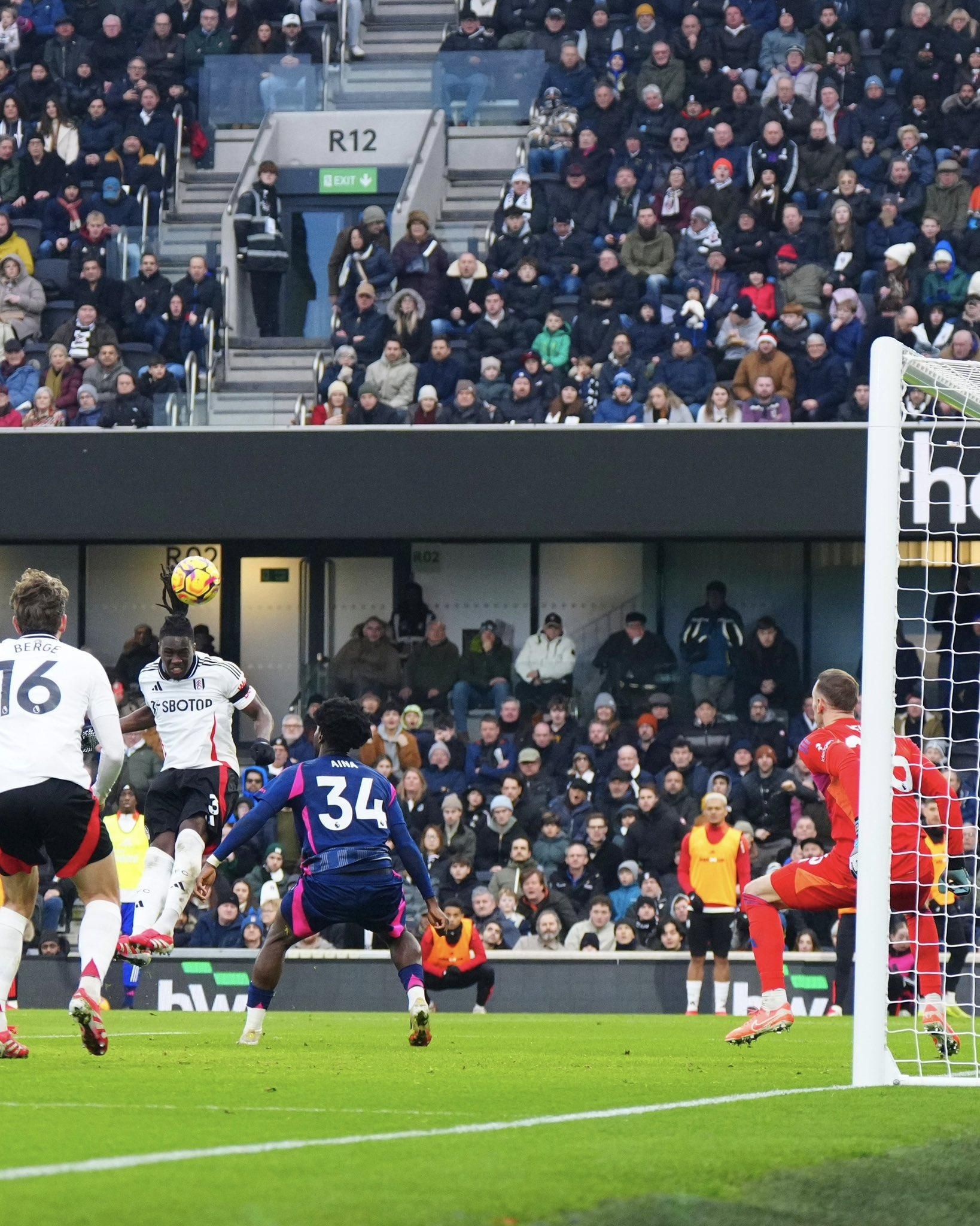 Nigeria defender Calvin Bassey glance home the winner for Fulham against Nottingham Forest. Photo Credit X 