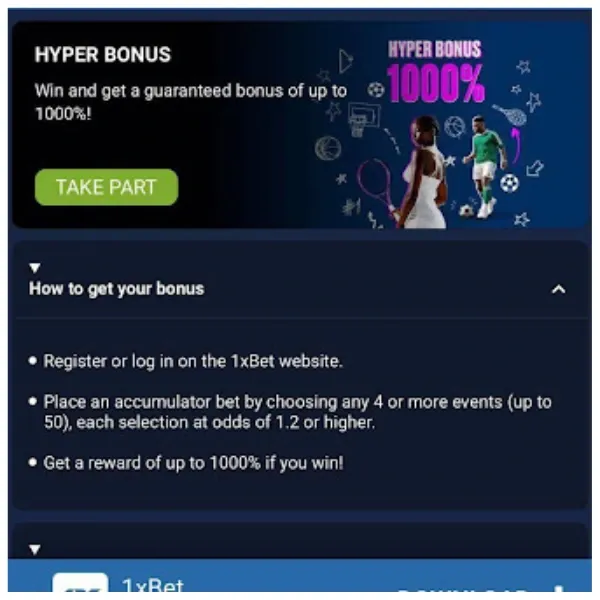 1xBet Hyper Bonus promotional banner showing eligibility steps and a green take part button