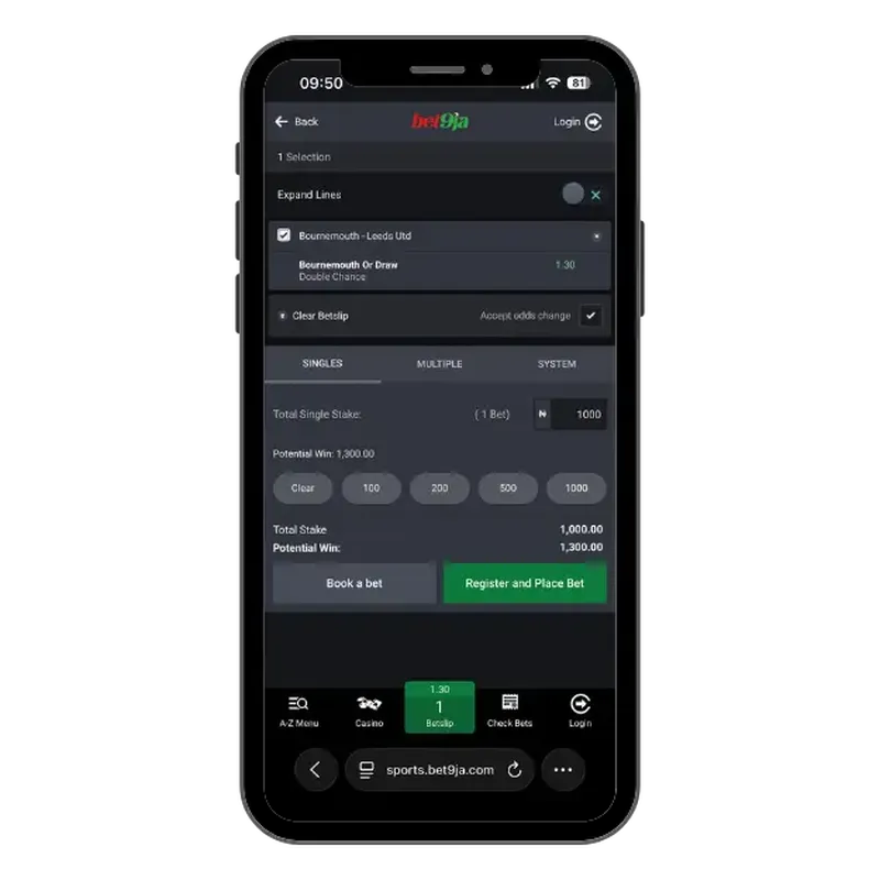 Bet9ja bet slip showing a 1X double chance selection on Bournemouth to win or draw vs Leeds, with displayed potential payout.