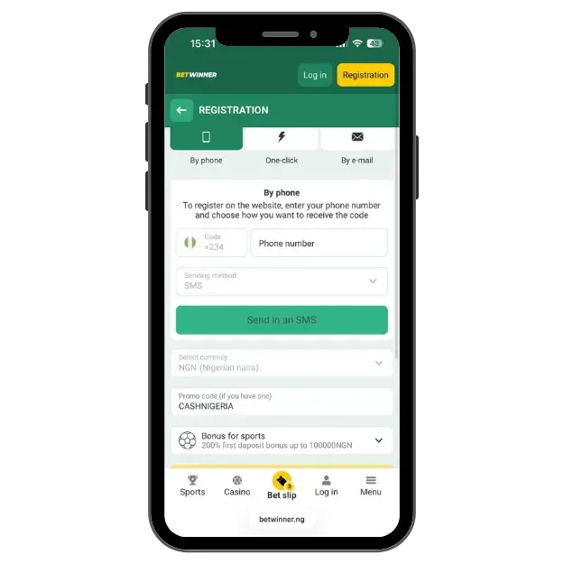 BetWinner registration screen on mobile showing phone sign-up form with promo code CASHNIGERIA and sports bonus option in Nigeria