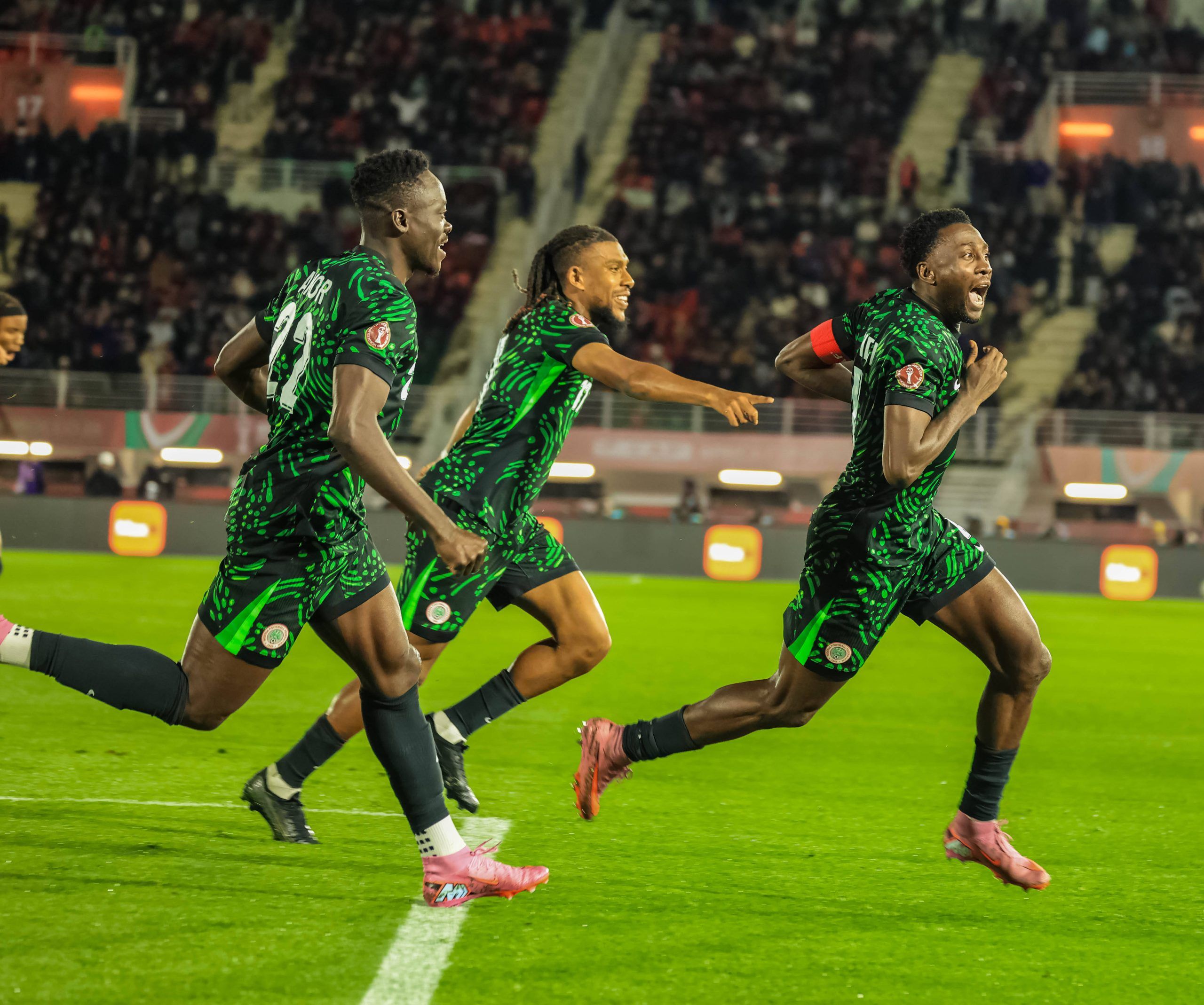 Akor Adams, Alex Iwobi, Wilfred Ndidi celebrating a goal
