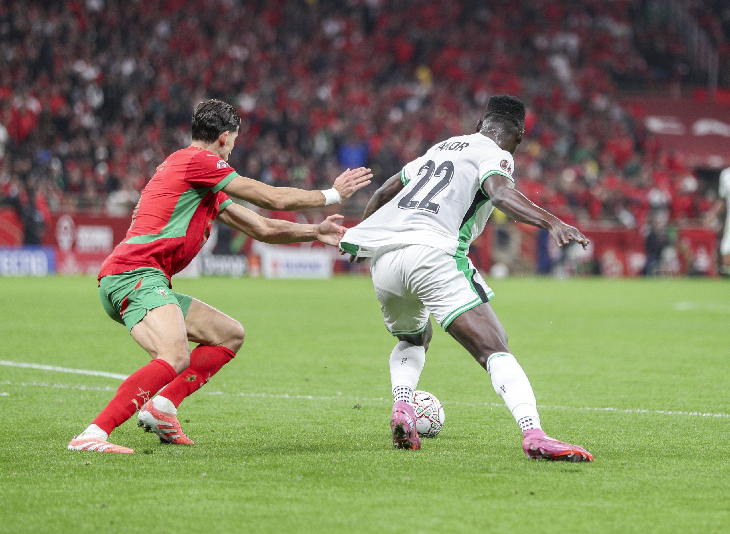 Nigeria Super Eagles vs Morocco AFCON Stade Moulay Abdellah Rabat. Nayef Aguerd, 5 Akor Adams Nigeria, 22