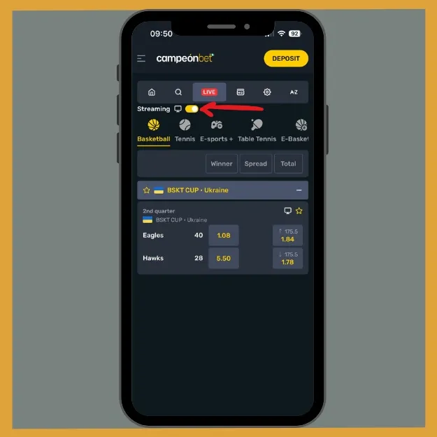 Campeonbet toggle feature that allows live streaming mathces to appear.