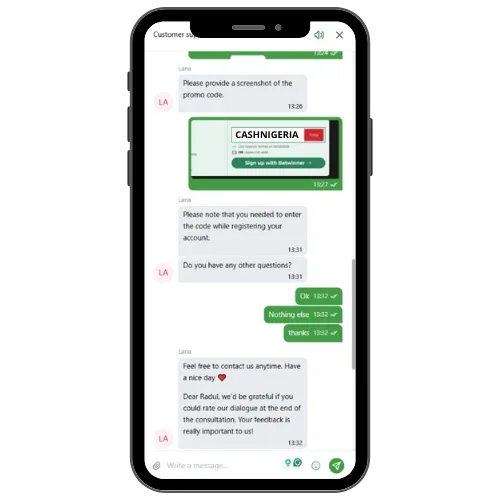 Customer support on Betwinner to assist with how to use promo code.
