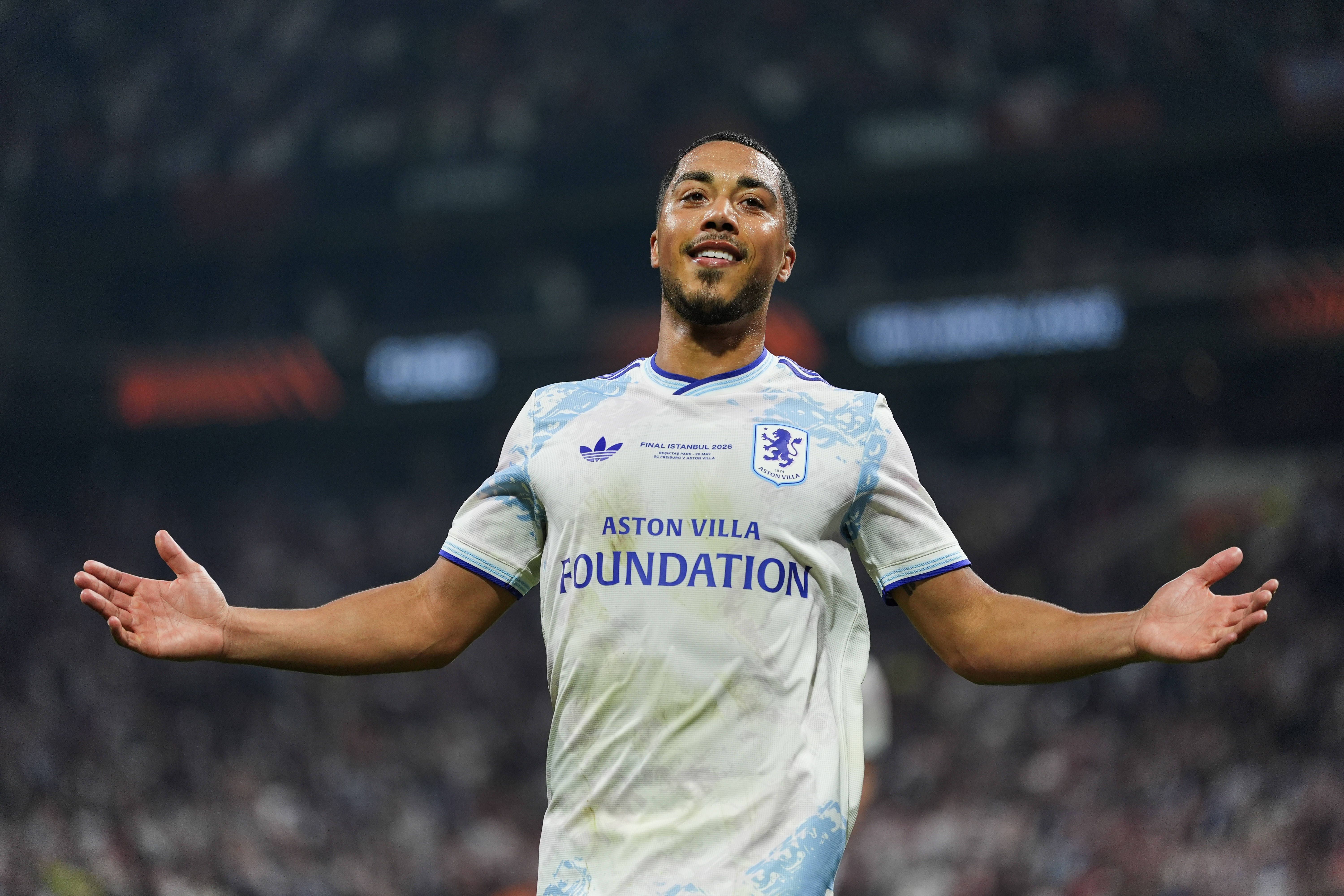 Yuri Tielemans of Aston Villa seen celebrating after scoring his first goal