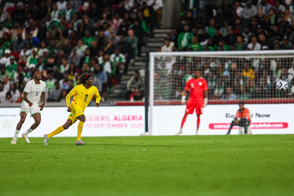 Igoh Ogbu and Caleb Yirenkyi during the Unity Cup London 2025 match between Ghana and Nigeria at Gtech Community Stadium, Brentford, England on 28 May 2025