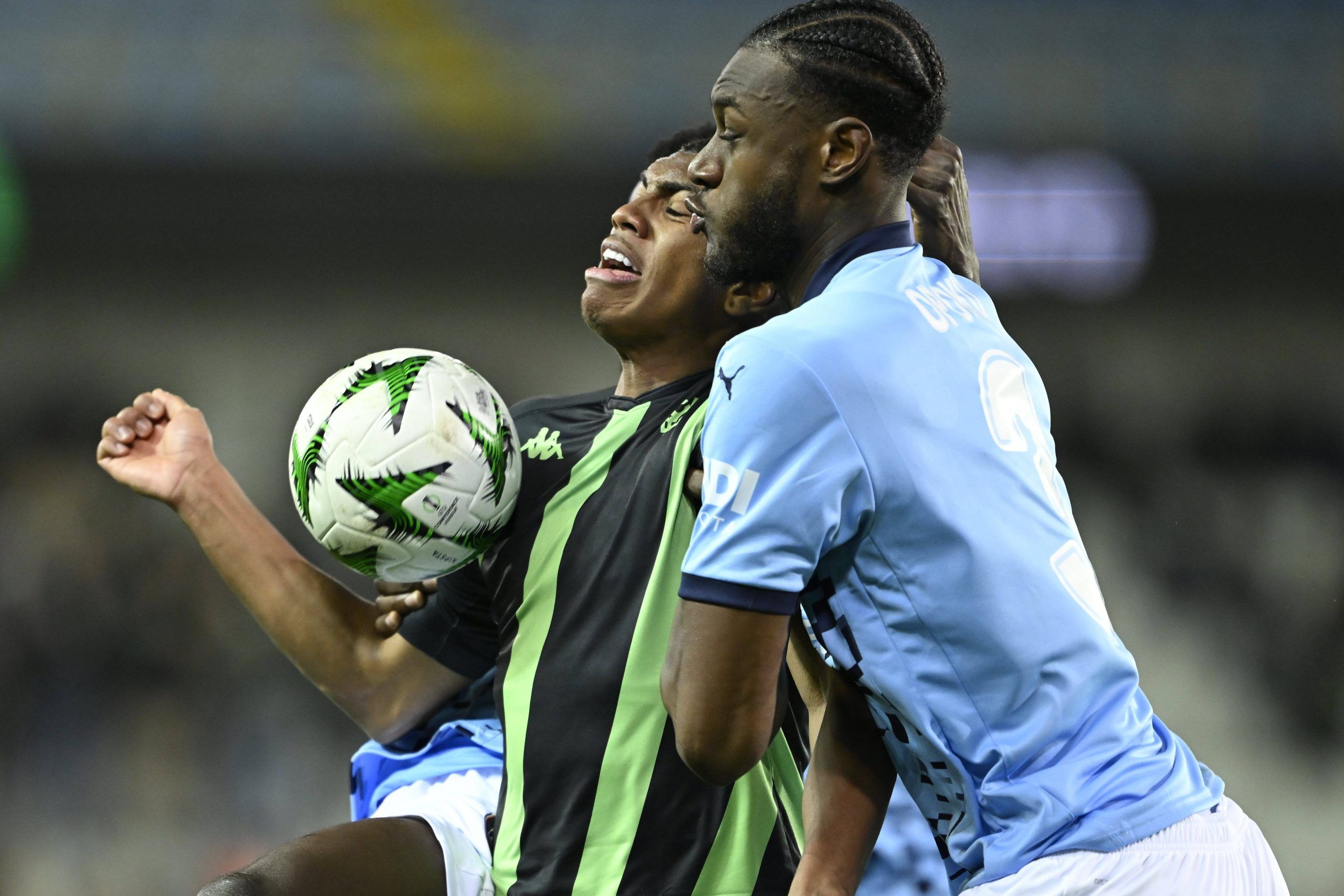 Augusto Da Silva Felipe forward of Cercle Brugge in duel with Opoku Jerome defender of Basaksehir during the UEFA Conference League 2024/25 League Phase MD6 match between Cercle Brugge and Basaksehir