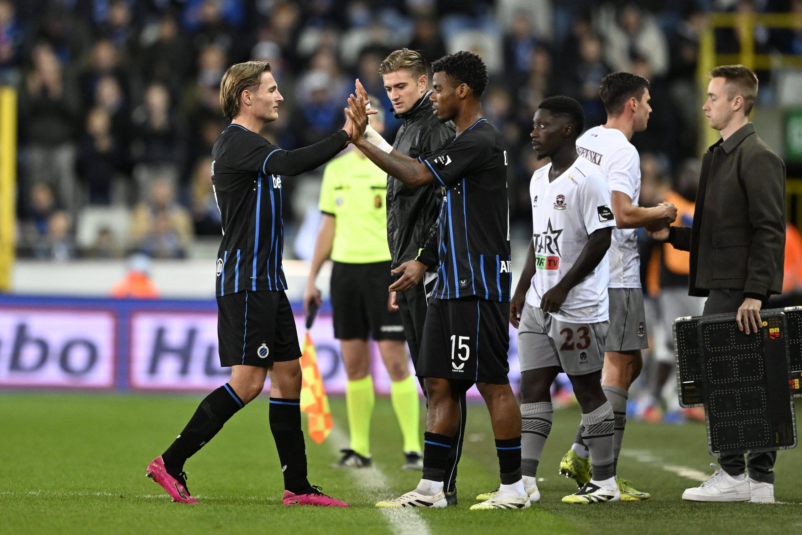Vermant Romeo substituted for Raphael Onyedika during the Jupiler Pro League match between Club Brugge and FCV Dender EH