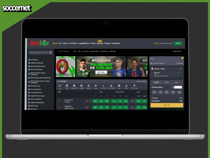Bet9ja website on desktop with features and everything on the side.
