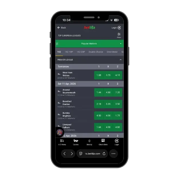 Bet9ja Premier League fixtures showing 1X2 home, draw, and away betting odds.