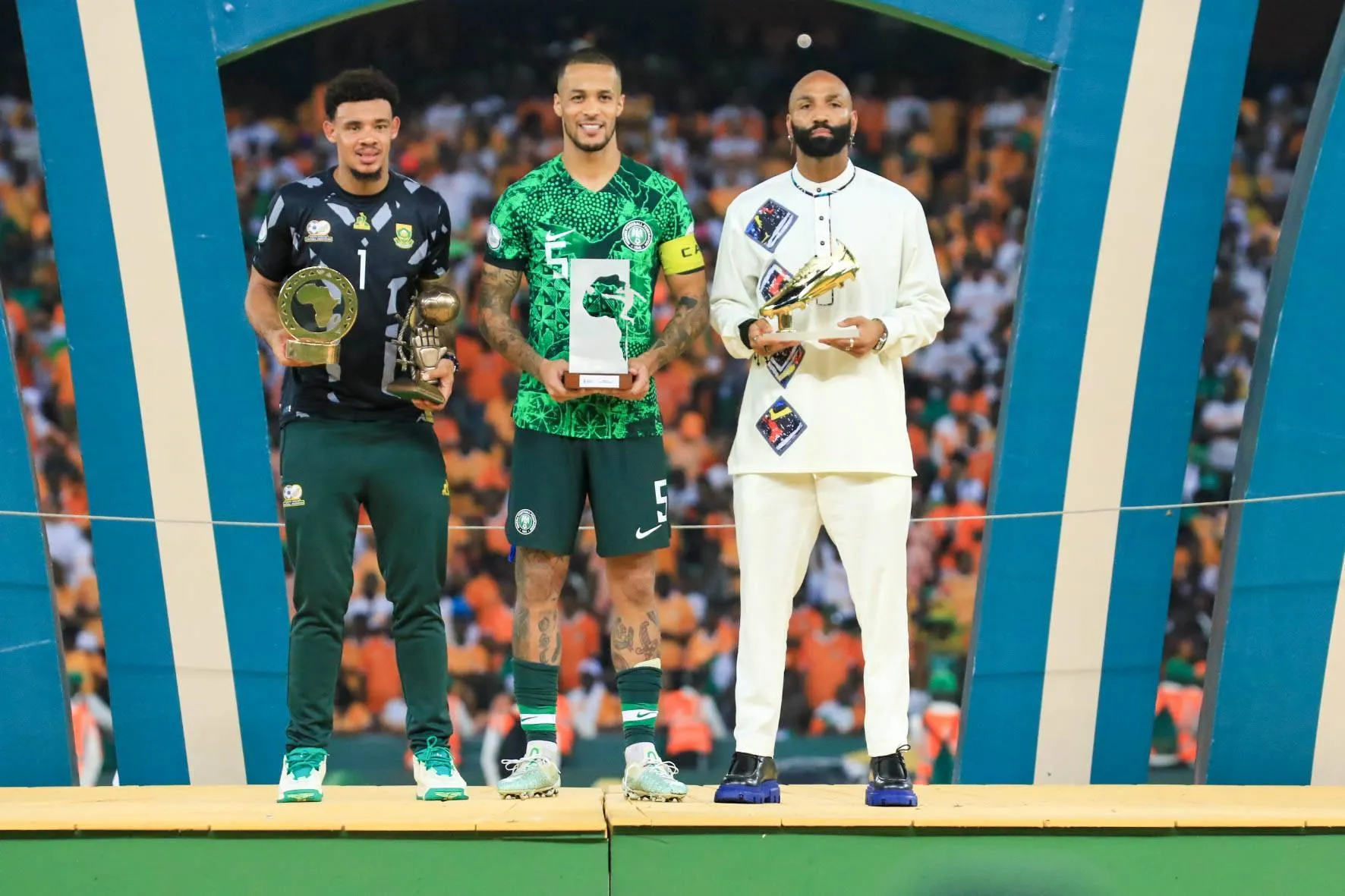 LRonwen Heyden Williams of South AFrica, William Ekong and Emilio Nsue Lopez of Equatorial Guinea during the TotalEnergies Caf Africa Cup of Nations Afcon 2023 Final match between Nigeria and Cote D Ivoire at Stade Olympique Alassane on February 11, 2024 in Abidjan, Cote d Ivore