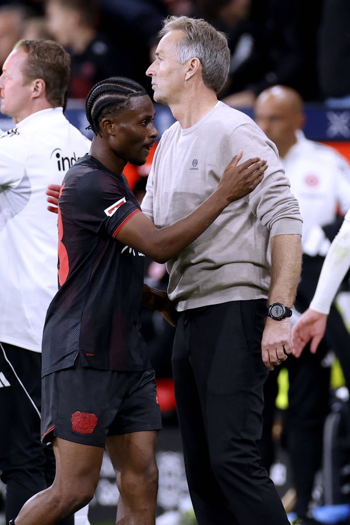 HJULMAND Kasper Coach Team Bayer 04 Leverkusen with TELLA Nathan during substitution DFL Bundesliga Season 2025 2026 Match Bayer 04 Leverkusen Eintracht Frankfurt