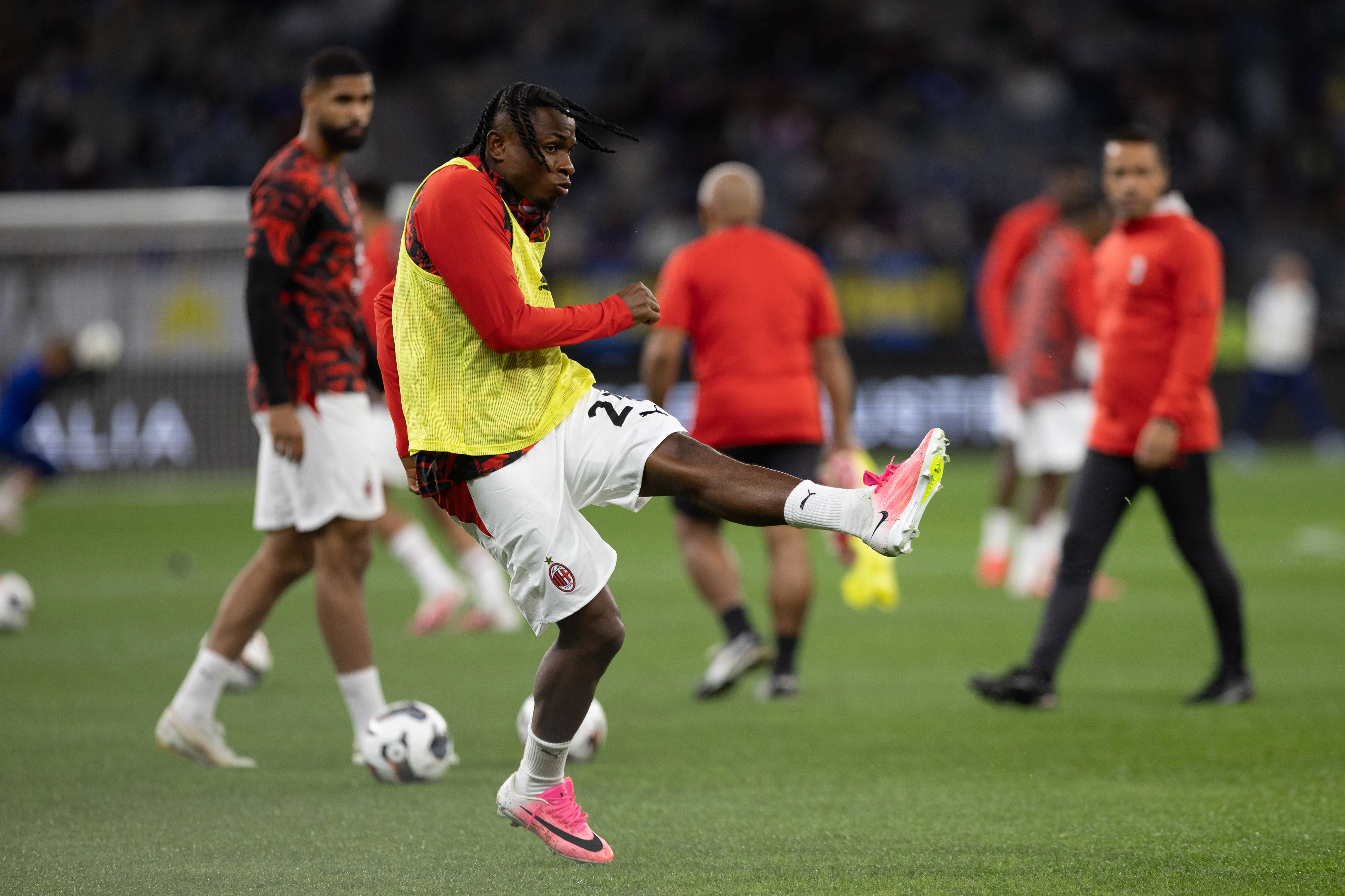 Samuel c. Chukwueze 21 kicking drills during the AC Milan vs Inter soccer exhibition match at Optus Stadium in Perth, Wednesday, August 5, 2026.