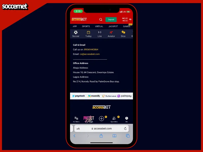 Accessbet Nigeria customer support and office address