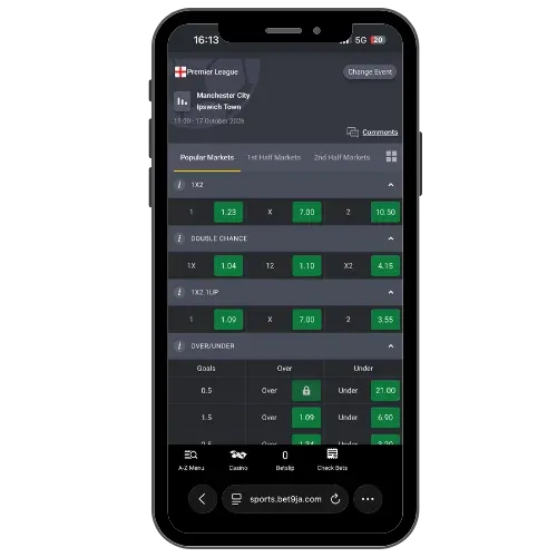Meaning of odds in betting example on Bet9ja 1X2 with favourites and underdogs. 