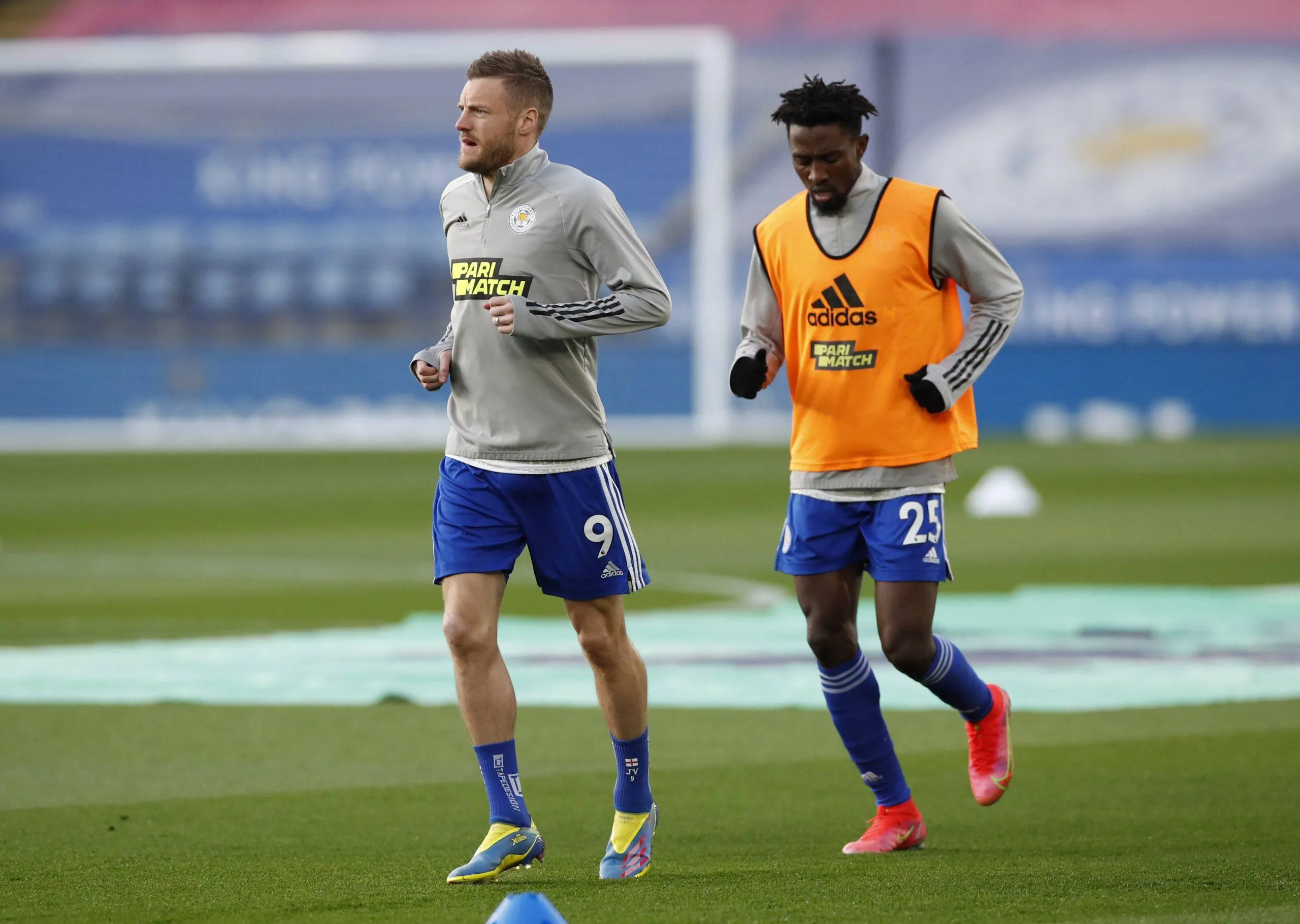 Leicester City s Jamie Vardy and Wilfred Ndidi warming up prior to kick-off during the Premier League match at the King Power Stadium