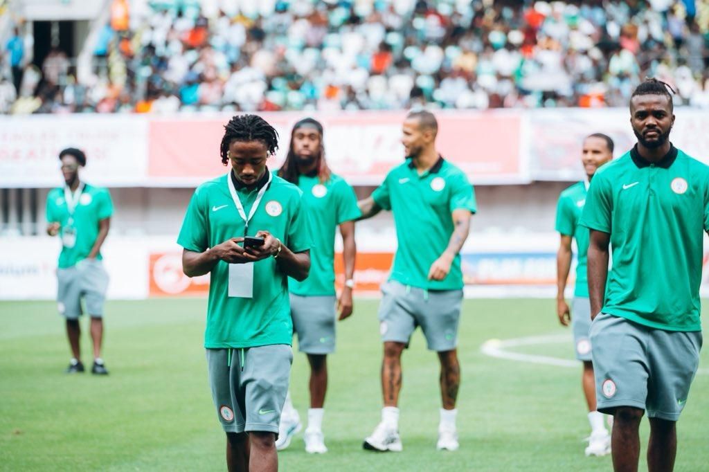 Chidozie Awaziem, William Troost-Ekong and Alex Iwobi prepare in warm-up ahead of Nigeria's 2026 FIFA World Cup qualifiers clash against Rwanda