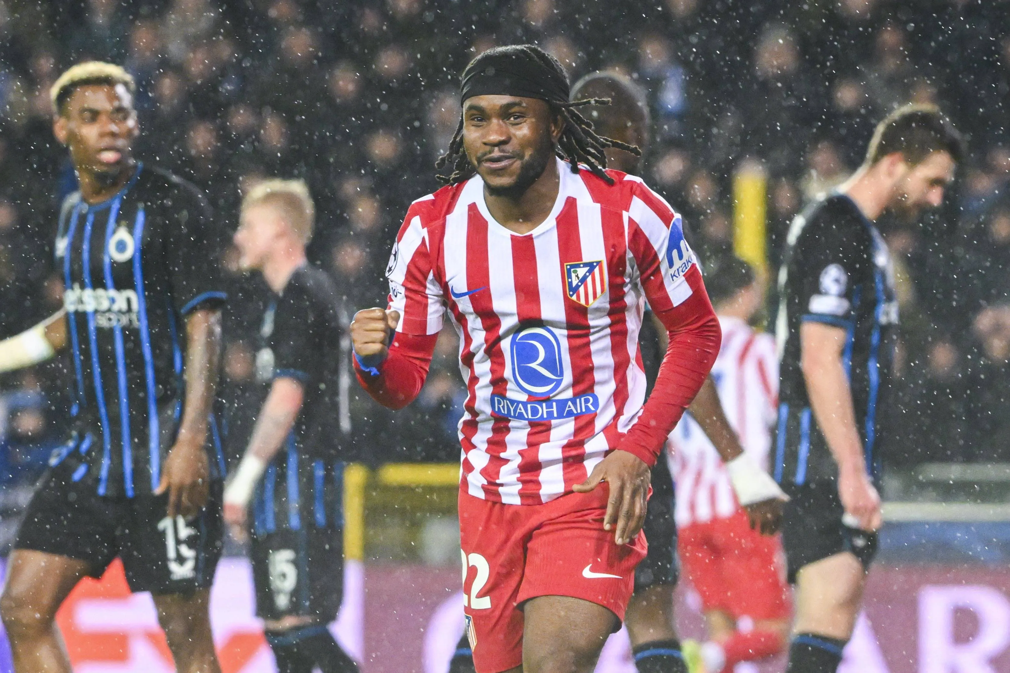 Lookman Ademola celebrates scoring a goal during the UEFA Champions League knockout phase play-off match first leg between Club Brugge and Atletico de Madrid