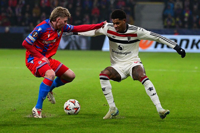 Pavel Sulc of Plzen left and Marcus Rashford of Manchester in action during the football Europa League 6th round match Viktoria Plzen vs Manchester United