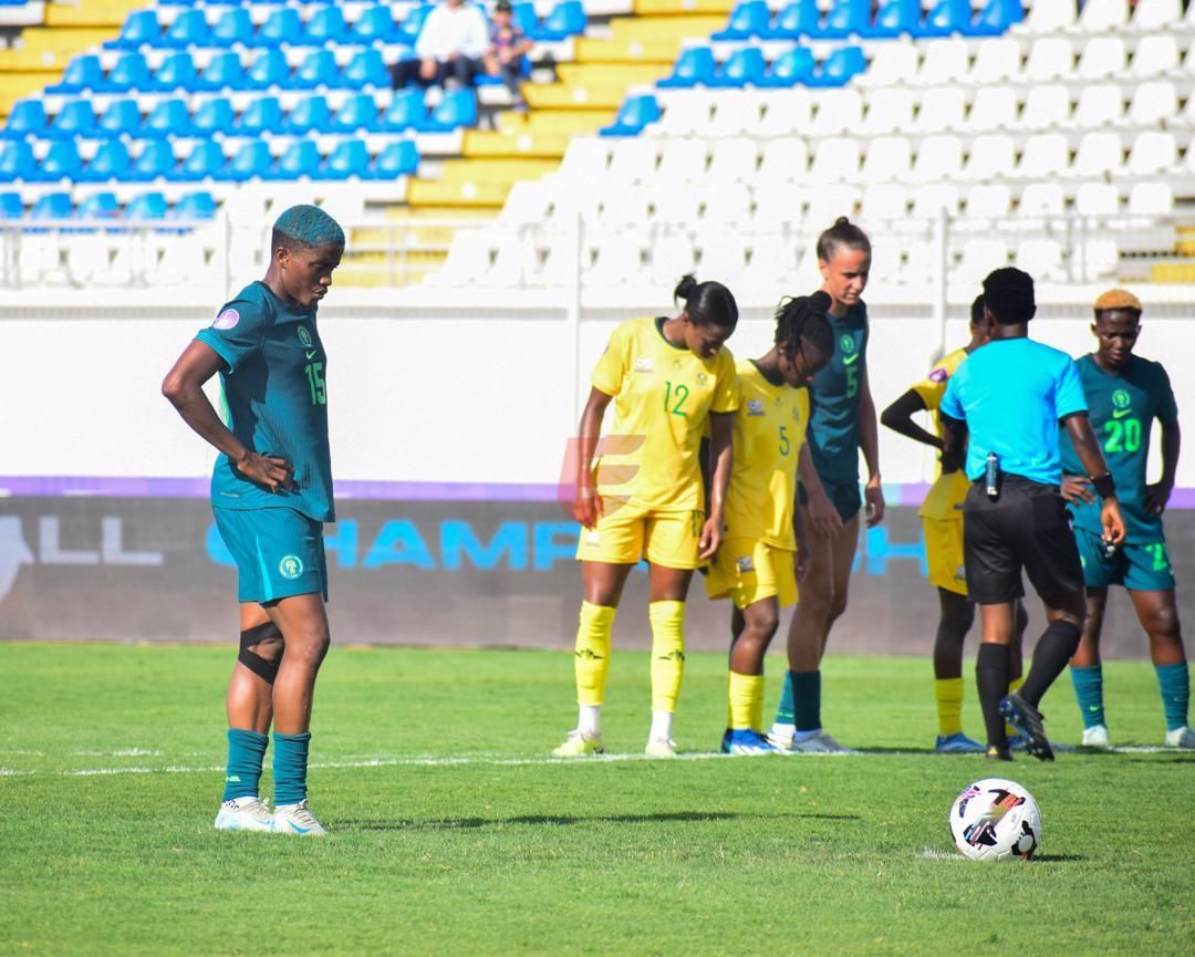 Rasheedat Ajibade about to take a spot kick for the Super Falcons of Nigeria against South Africa.