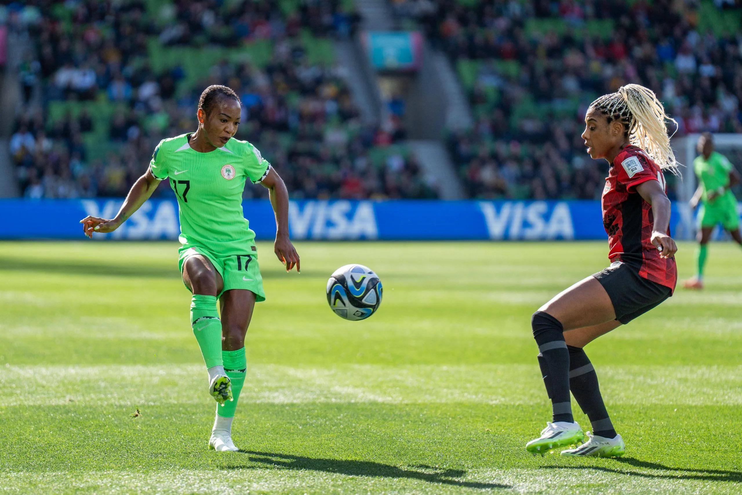 Francisca Ordega 17 Nigeria and Ashley Lawrence 10 Canada fight for the ball during the 2023 FIFA Womens World Cup football match between Nigeria and Canada 