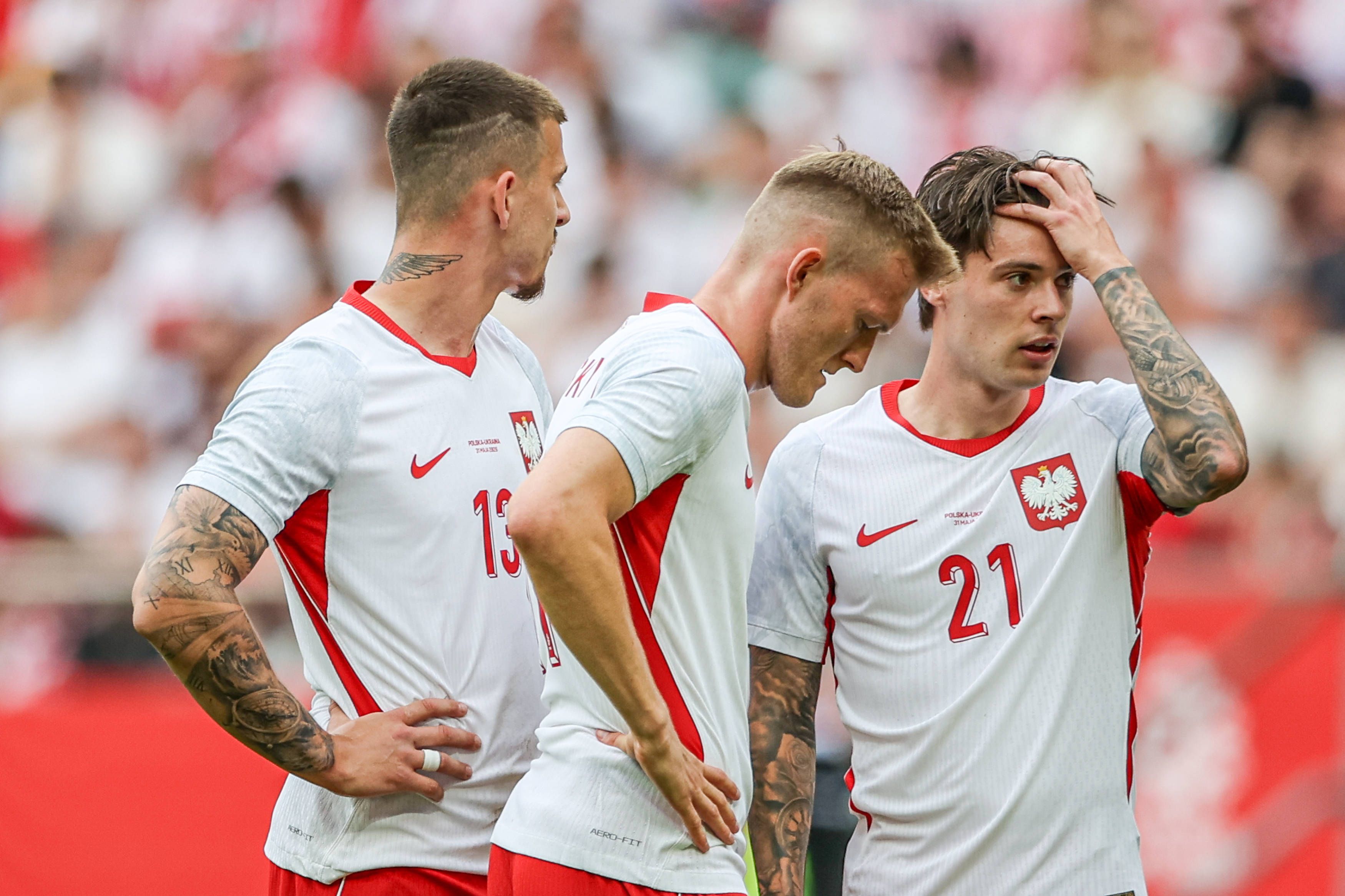 Poland and Ukraine Mateusz Zukowski of Poland L, Karol Swiderski of Poland C and Nicola Zalewski of Poland R seen during Friendly Match 2026 football match between Poland and Ukraine at Tarczynski Arena Wroclaw . Final score Poland 0:2 Ukraine. Wroclaw Poland 