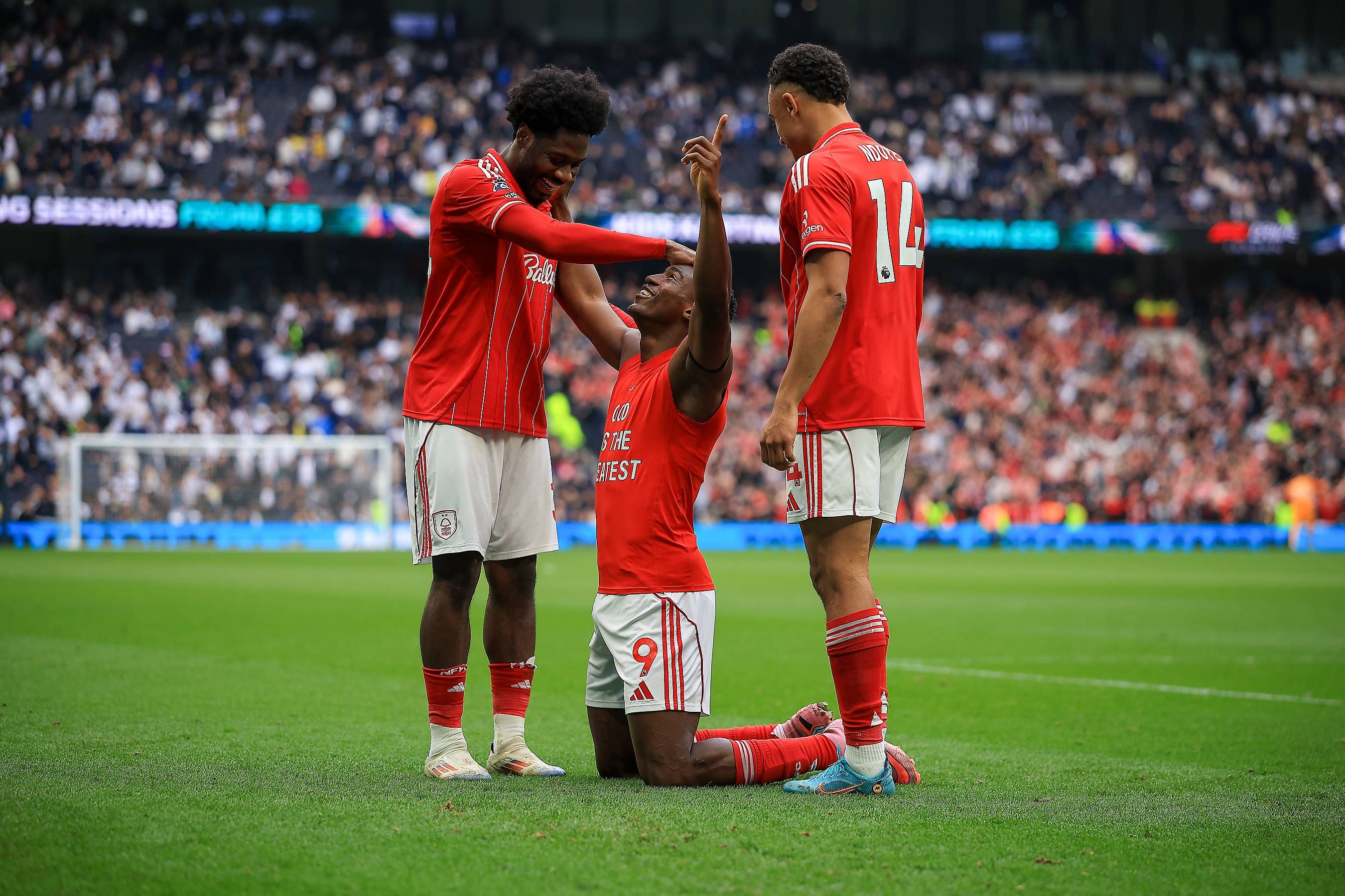 Nottingham Forest Forward Taiwo Awoniyi scores and celebrates