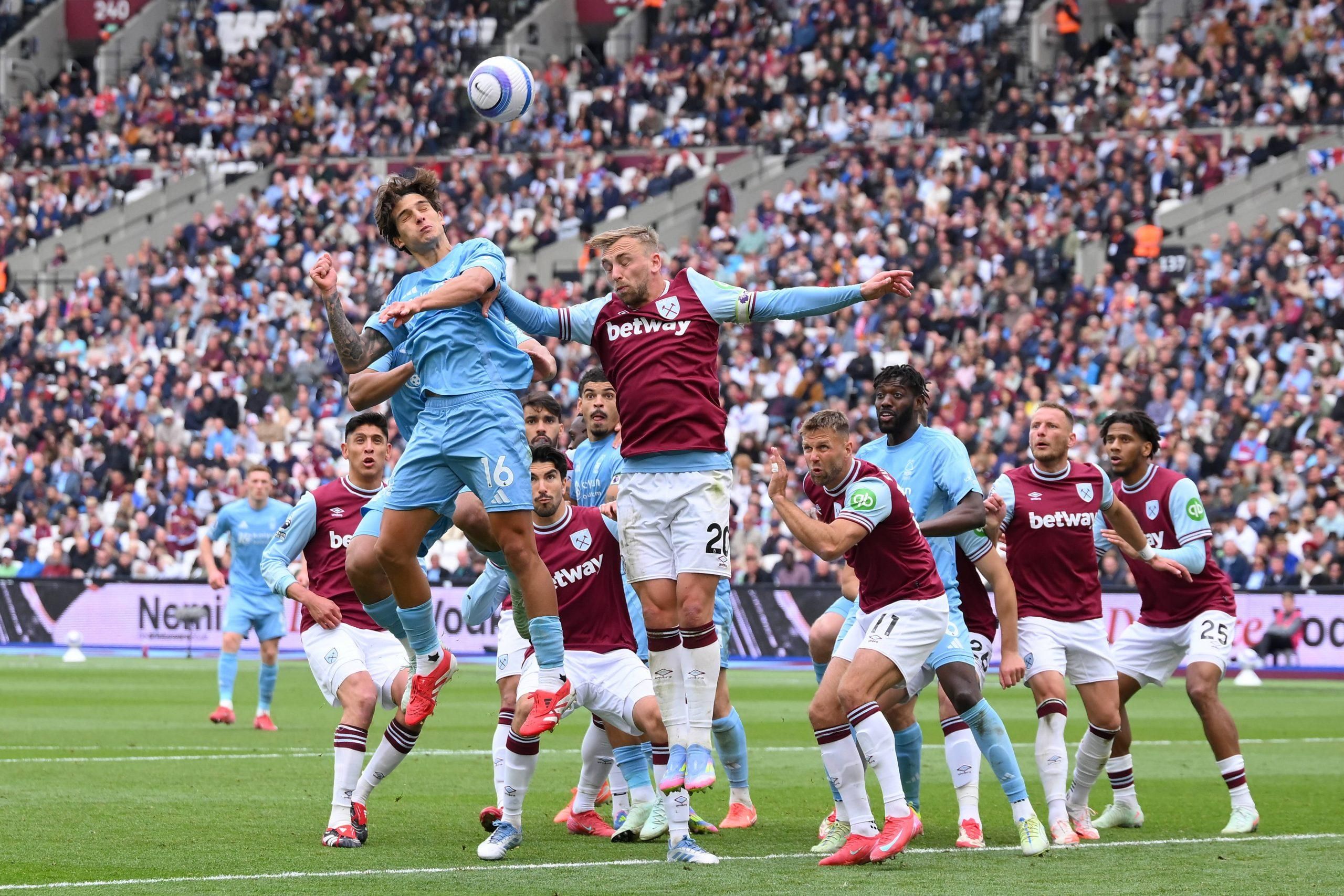 Nicolas Dominguez of Nottingham Forest battles with Jarrod Bowen of West Ham United during the Premier League match between West Ham United and Nottingham Forest at the London Stadium in Stratford