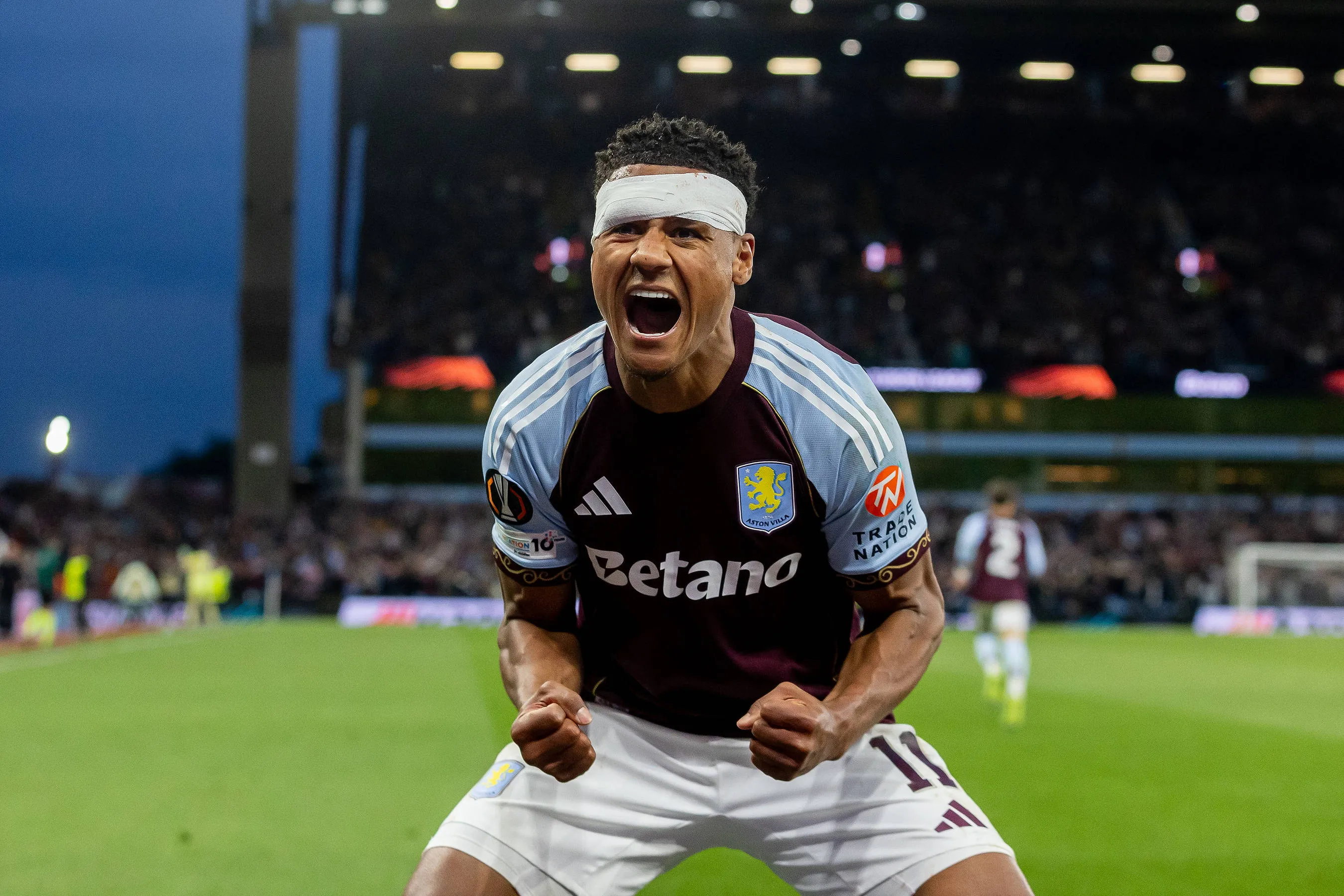 Aston Villa forward Ollie Watkins scores and celebrates during the Europa League semi final against Nottingham Forest