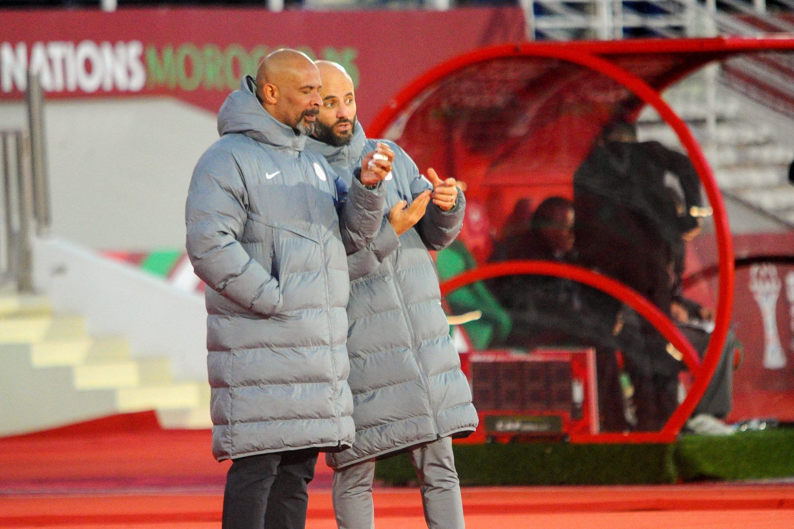 Coach Eric Chelle and his assistant Hedi Taboubi during the Africa Cup of Nations AFCON match between Uganda and Nigeria