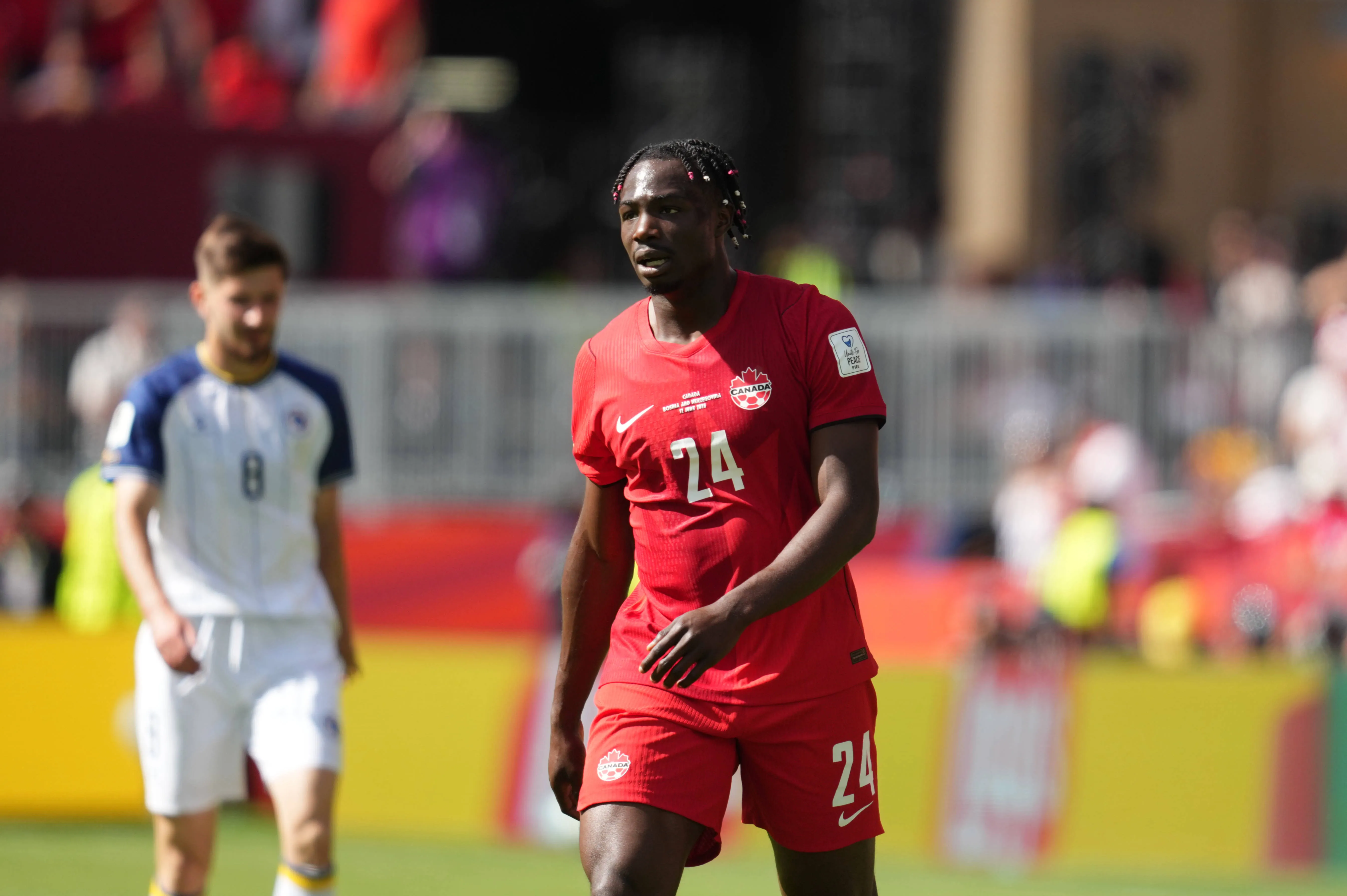 Promise David looks on during Canada and Bosnia and Herzegovina 2026 FIFA World Cup clash at Toronto Stadium