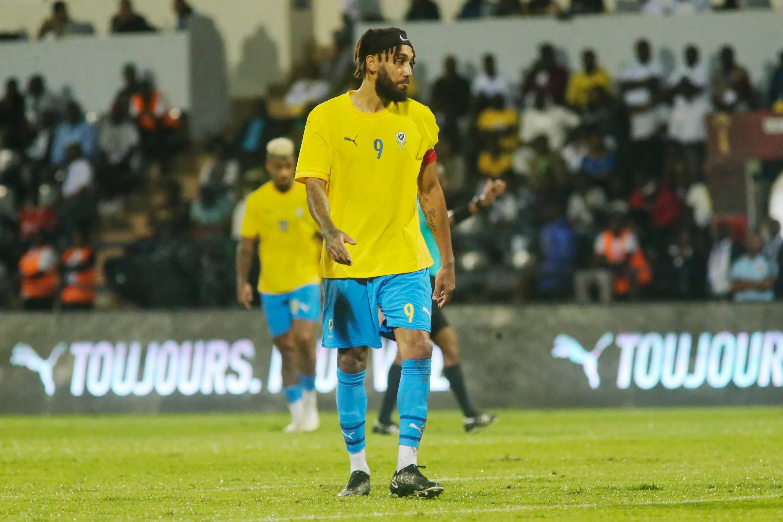 Pierre-Emerick Aubameyang of Gabon and Jamal Harkass of Morocco during a 2025 Men Africa Cup of Nations AFCON qualifier match