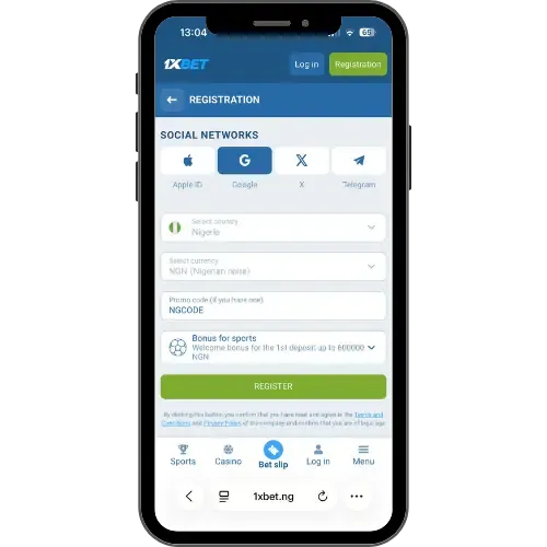 1xBet registration with Google as a social network and the promo code NGCODE for the bonus for sports.
