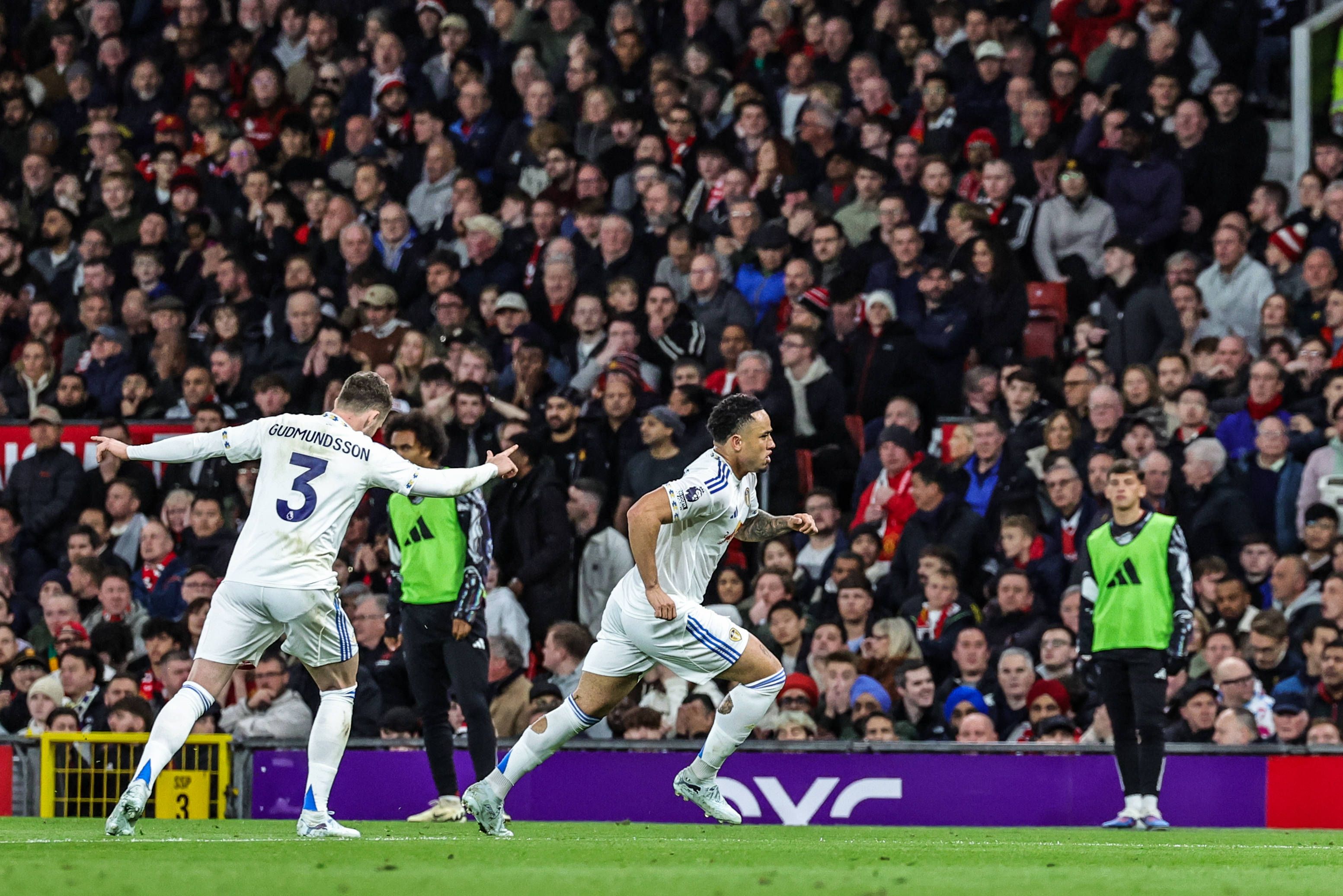 Noah Okafor of Leeds United celebrates his goal against Manchester United