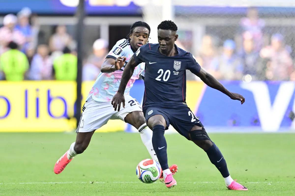 Balogun Folarin forward of USA and Ngoy Nathan defender of Belgium pictured during the FIFA World Cup 2026 round of 16 match between the United States of America and Belgium at the Lumen Field stadium on July 6, 2026 in Seattle, United States of America, 06/07/2026 Seattle United States of America PUBLICATIONxNOTxINxFRAxBEL 