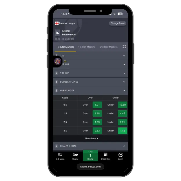 Bet9ja over/under market showing under 3.5 odds for Arsenal vs Bournemouth Premier League match.