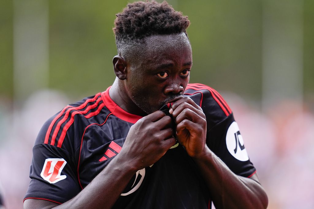 Akor Adams celebrates a goal during the Spanish League, LaLiga EA Sports, football match played between Rayo Vallecano and Sevilla FC at Estadio de Vallecas on September 28, 2025, in Madrid, Spain
