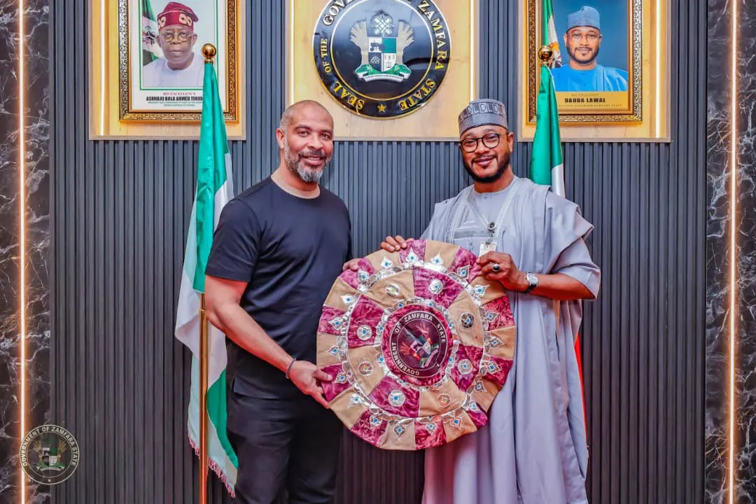 Eric Chelle with Zamfara State Governor, Dauda Lawal Dare