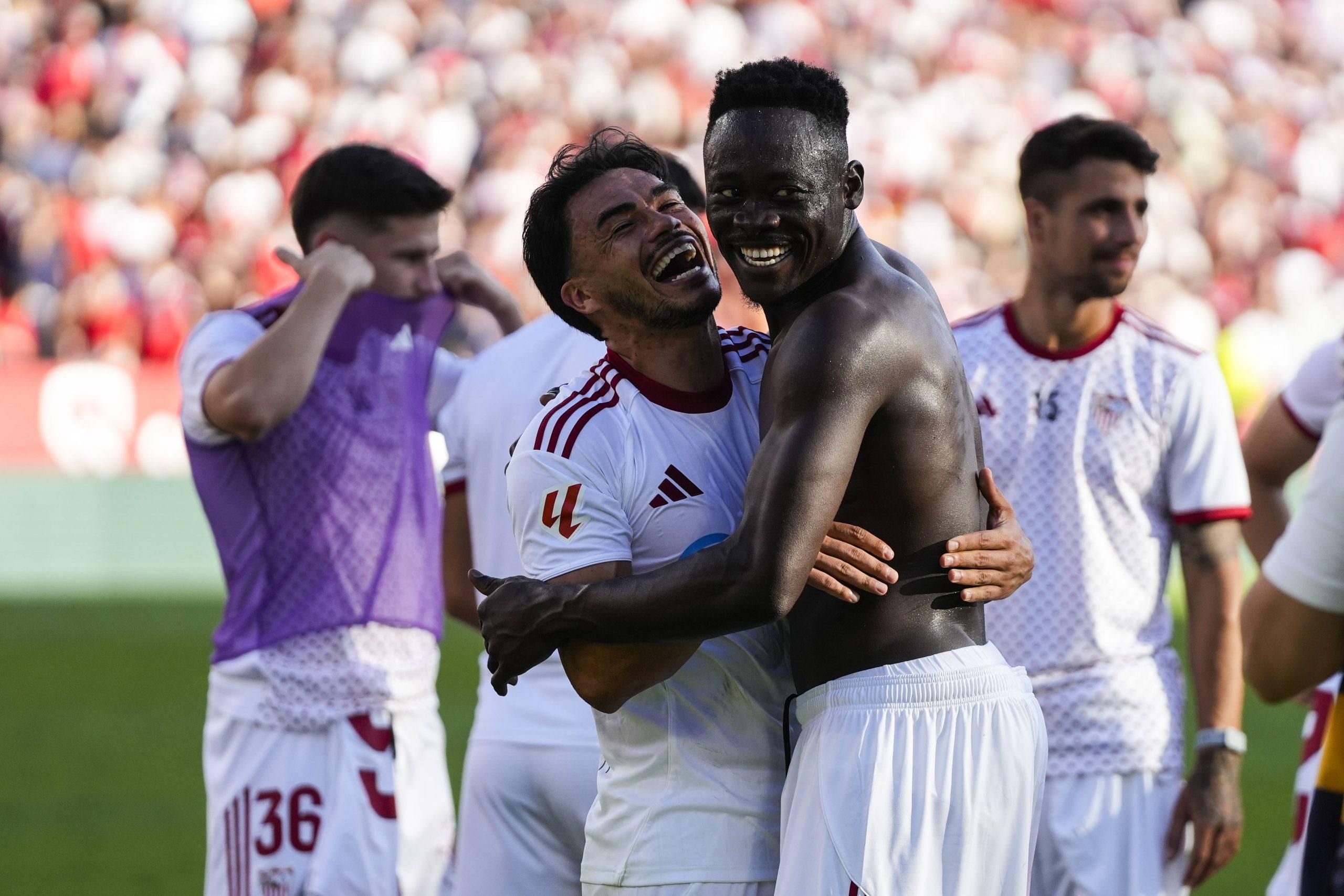 Gabriel Suazo and Akor Adams gestures during the Spanish league, LaLiga EA Sports, football match played between Sevilla FC and FC Barcelona