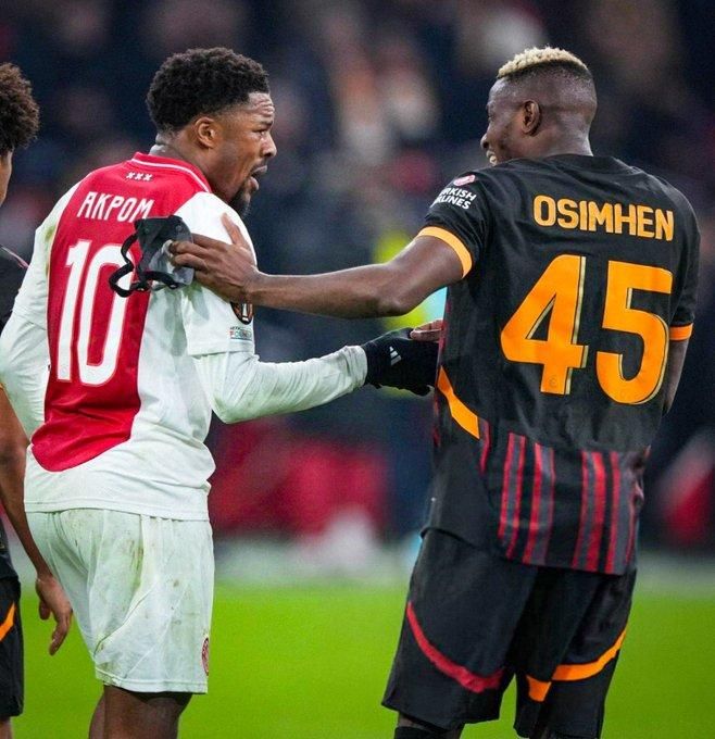Ajax and Nigeria winger Chuba Akpom with compatriot and Galatasaray star Victor Osimhen. Photo Credit X 