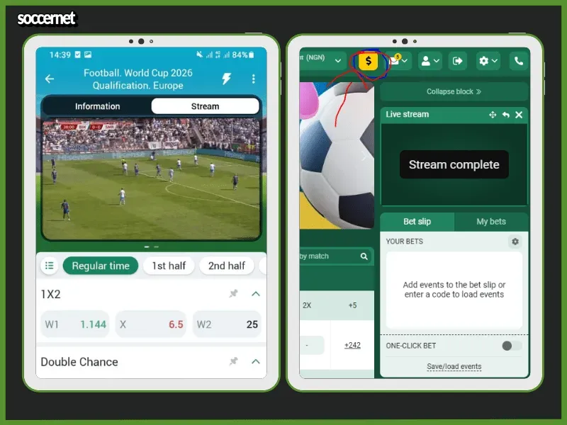 Betwinner livestreaming on mobile and tablet