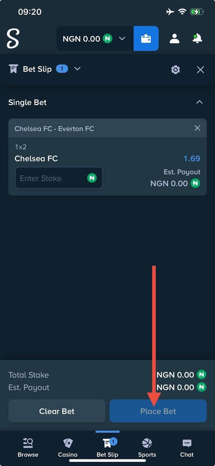 Capture d'écran de confirmation de pari sur Stake bet montrant les détails d'une transaction