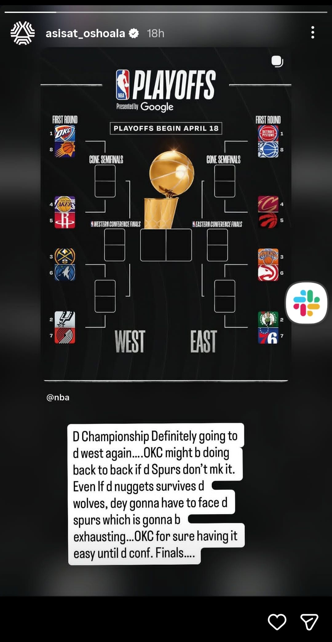 NBA playoffs bracket with Asisat Oshoala comments 