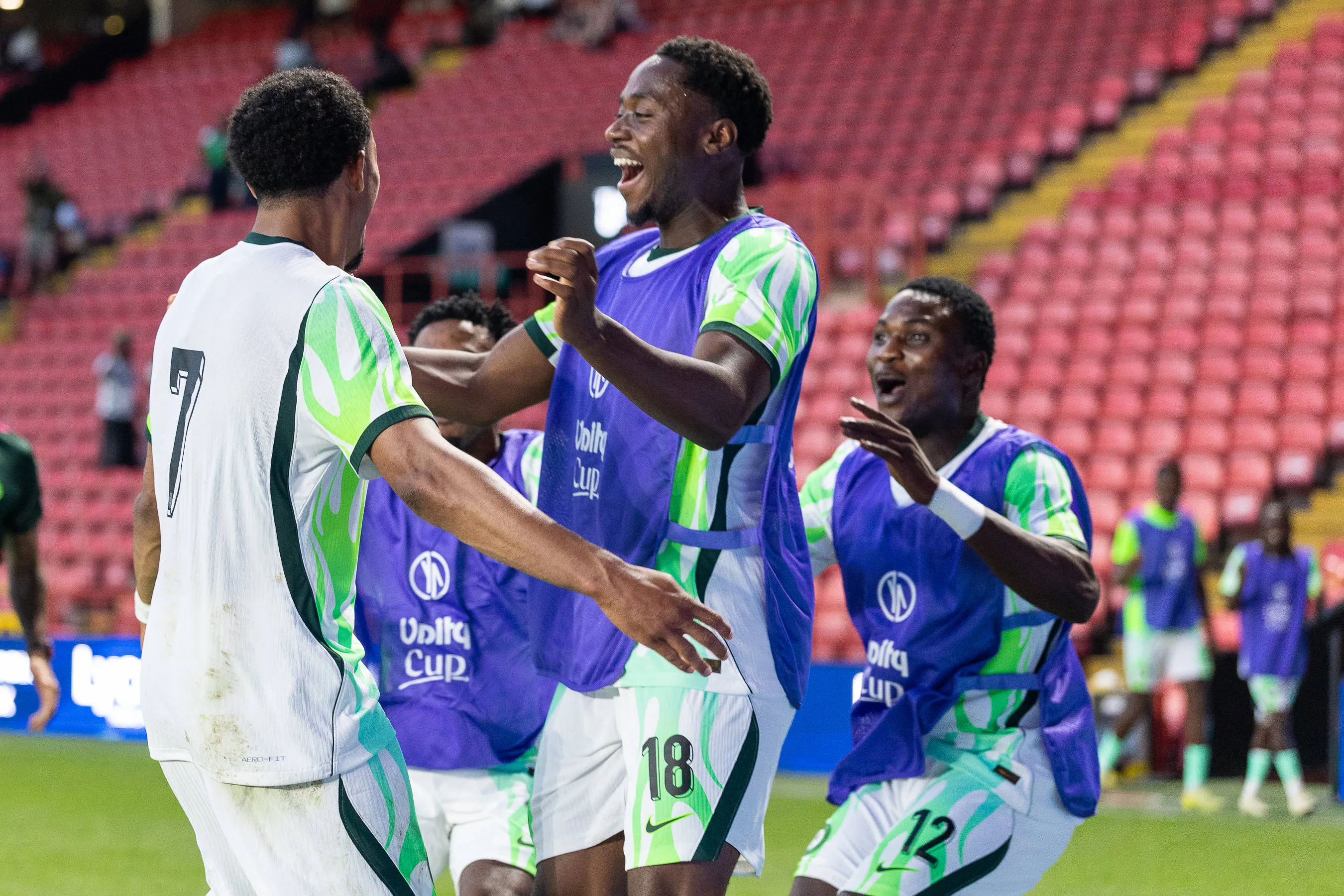 Nigeria forward Femi Azeez celebrates with teammates after scoring a goal during the Unity Cup London 2026 match vs Zimbabwe at The Valley, London