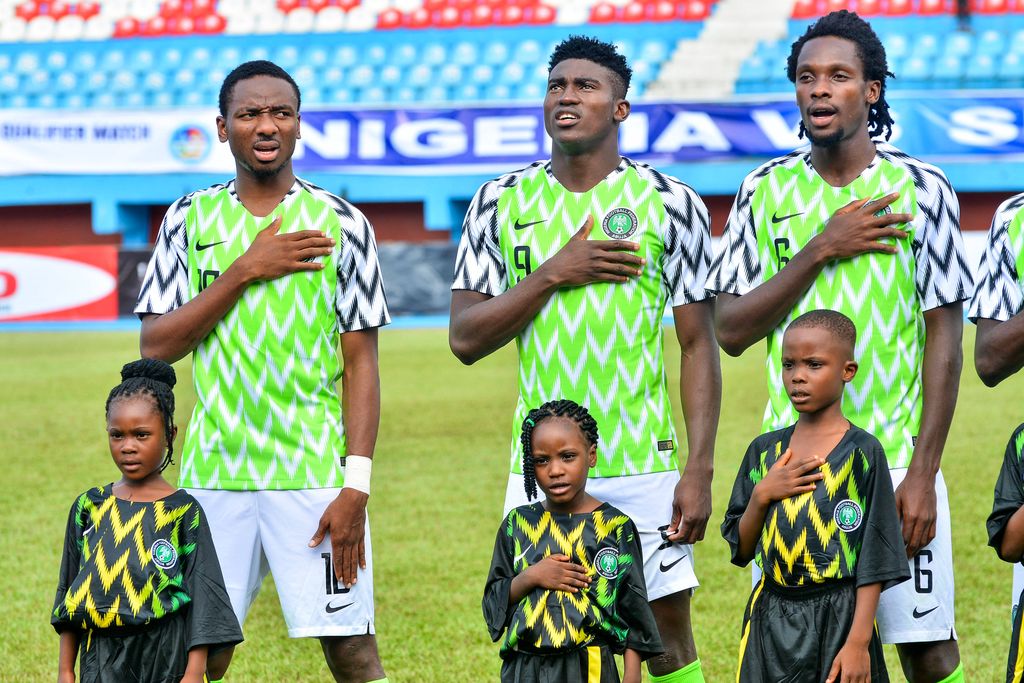 Nwakali Kelechi,Awoniyi Taiwo and Olisa Ndah of Nigeria during the U23 Africa Cup of Nations qualification match between Nigeria and Sudan at Stephen Keshi on September 10, 2019 in Asaba, Nigeria