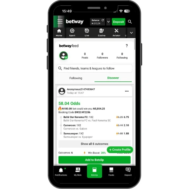 Betway Feeds Section and Shared Bet Slips