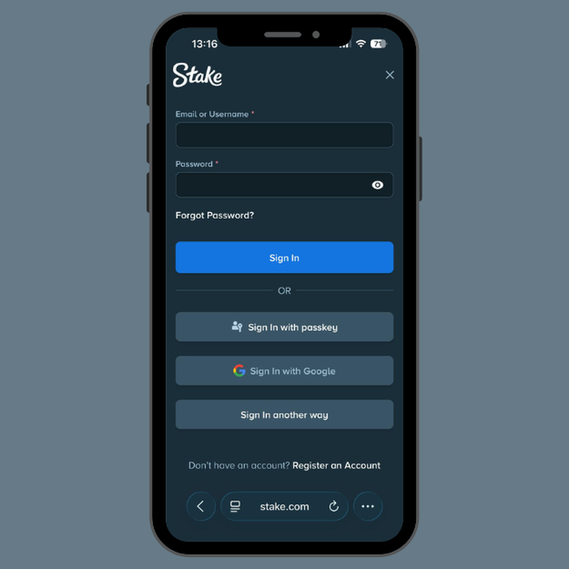 Stake login form with email or username field, plus options to sign in with Google, passkey, or another method.