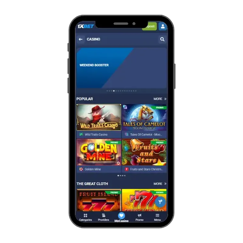 1xBet casino on mobile with clear menu and popular games in front. 
